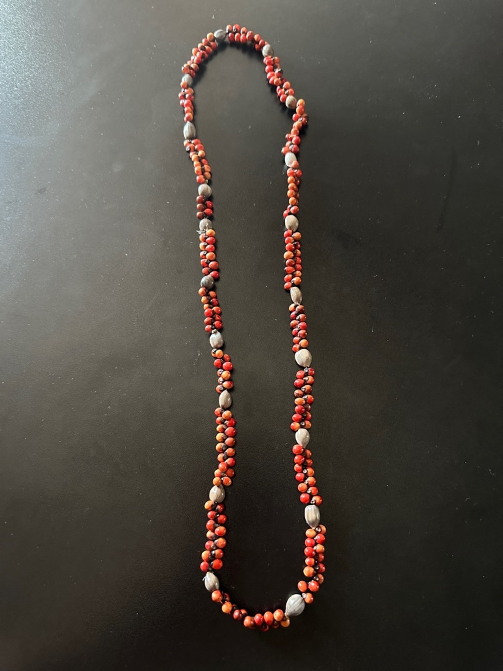Red Beaded Long Necklace with Silver Accent Beads